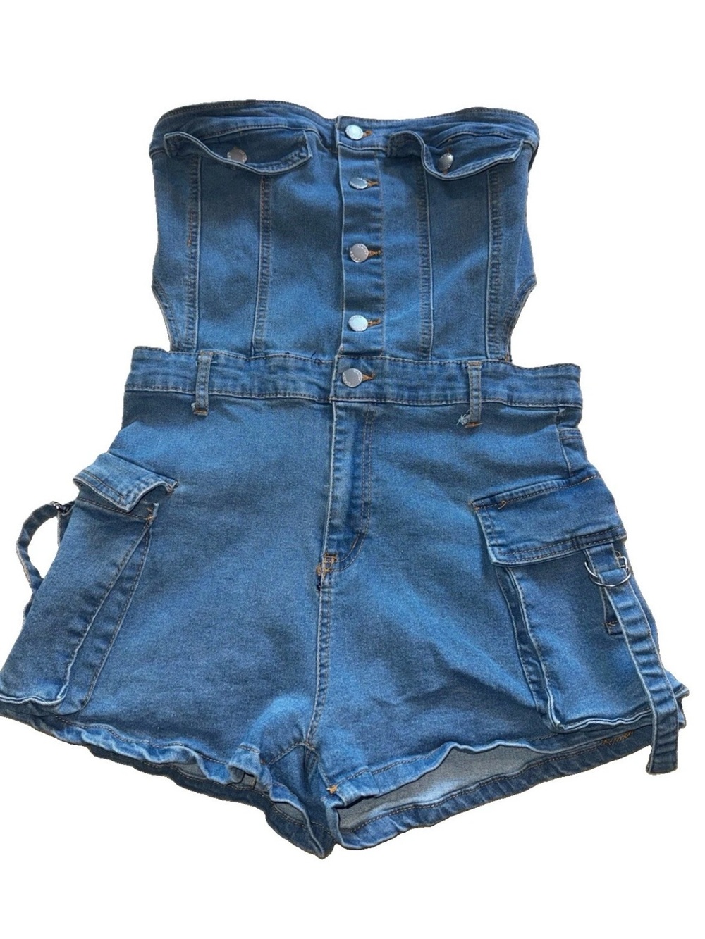 Daisy Strapless Blue Denim Cargo Romper